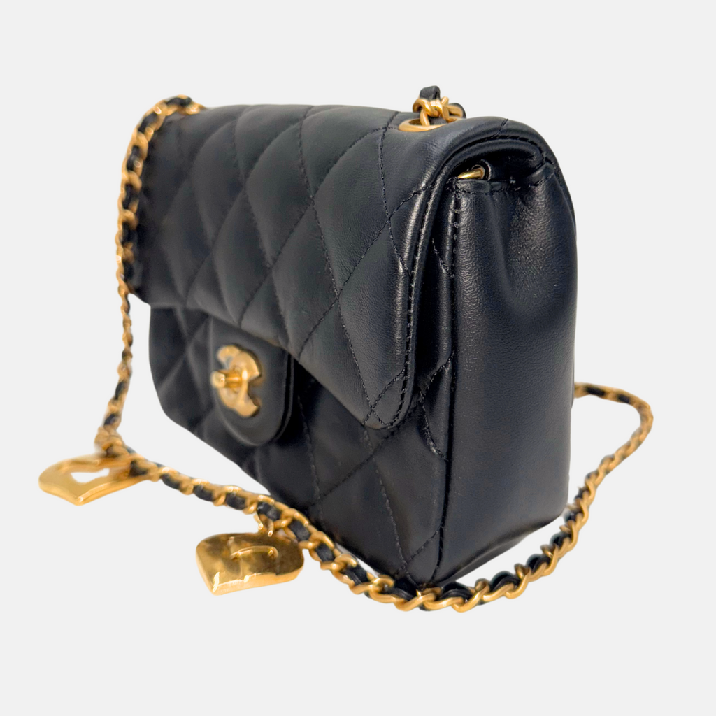 Heart Charms Mini Classic Square Flap Black Lambskin