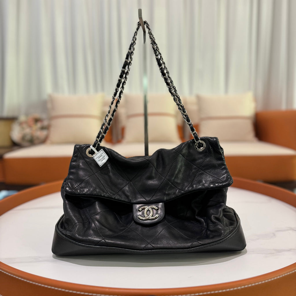 CHANEL SHOULDER BAG BLACK LAMBSKIN WITH SILVER HARDWARE STRUCTURED BASE
