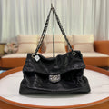 CHANEL SHOULDER BAG BLACK LAMBSKIN WITH SILVER HARDWARE STRUCTURED BASE