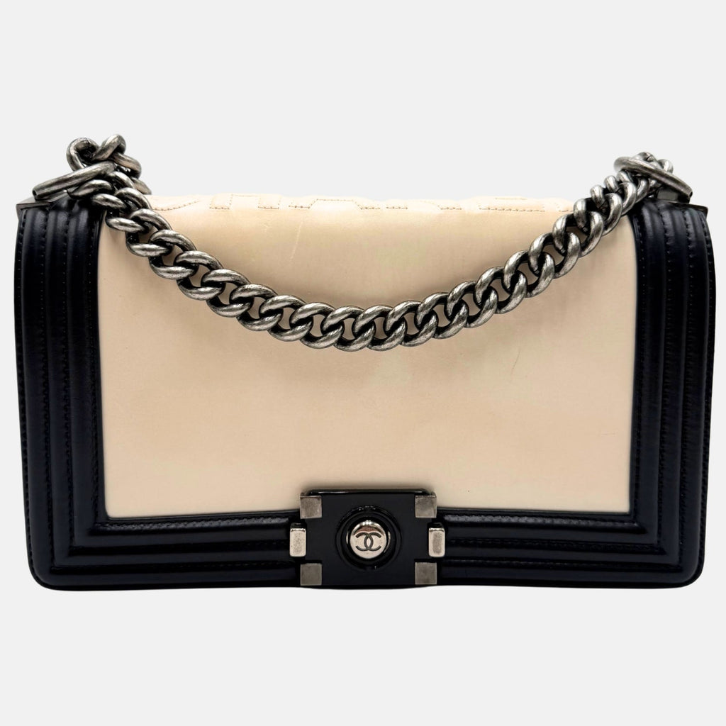 Boy Bag Black and Cream Leather Medium
