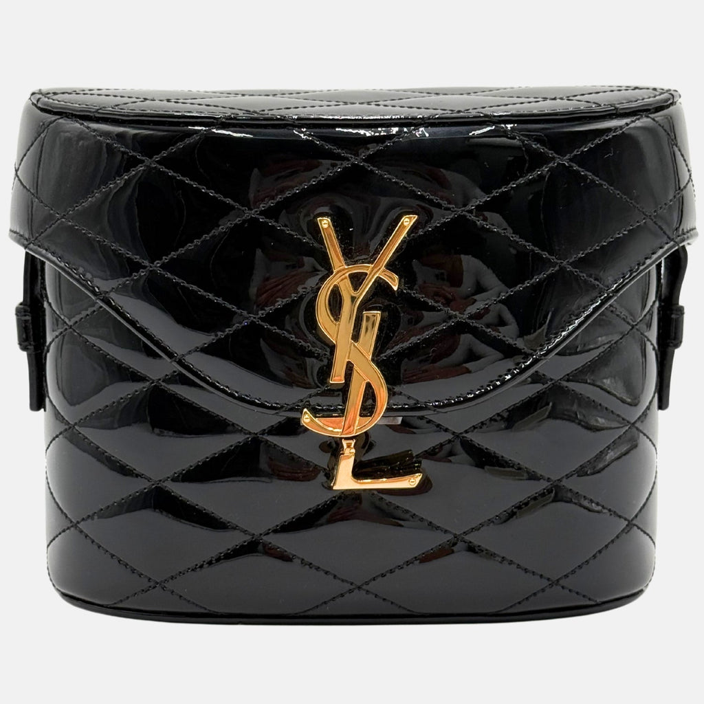 June Box Bag Black Patent Quilted Leather