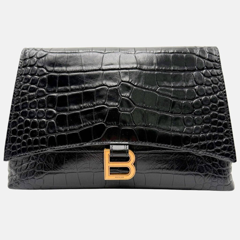 Crush Pouch Black Embossed Crocodile Medium