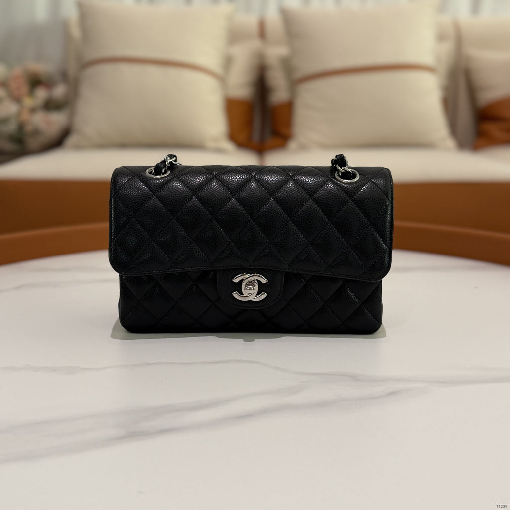 Chanel CF Small Black Silver Caviar Leather WOC Chip Version