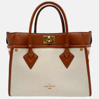 On My Side Tote Brown Calfskin and Cream Canvas