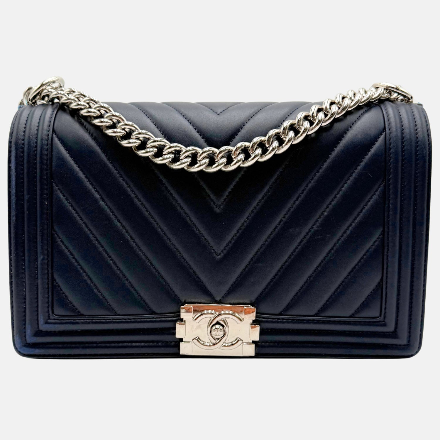 Boy Bag Dark Navy Blue Chevron Lambskin Medium