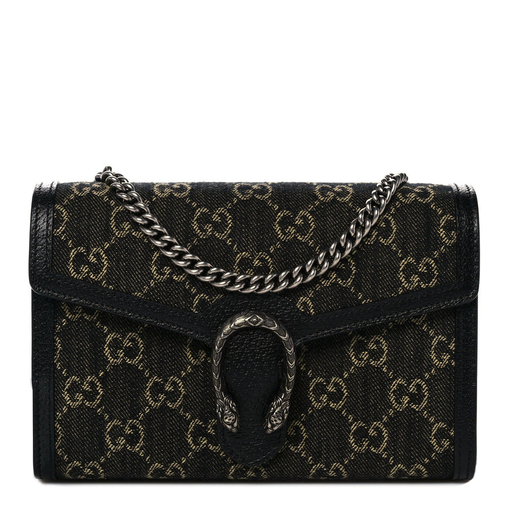 Gucci Dionysus GG Mini Chain Wallet Black Denim Handbag Silver Italy Bag NEW
