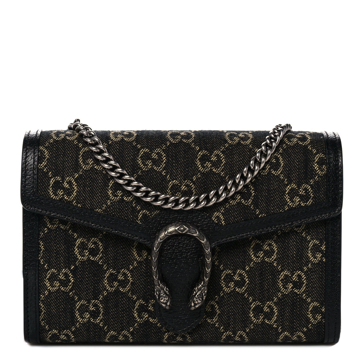 Gucci Dionysus GG Mini Chain Wallet Black Denim Handbag Silver Italy Bag NEW