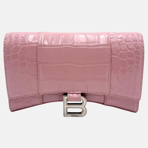 Hourglass Chain Wallet Pink Crocodile Embossed