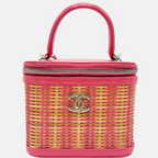 Small Take Away Vanity Case Rattan and Pink Calfskin