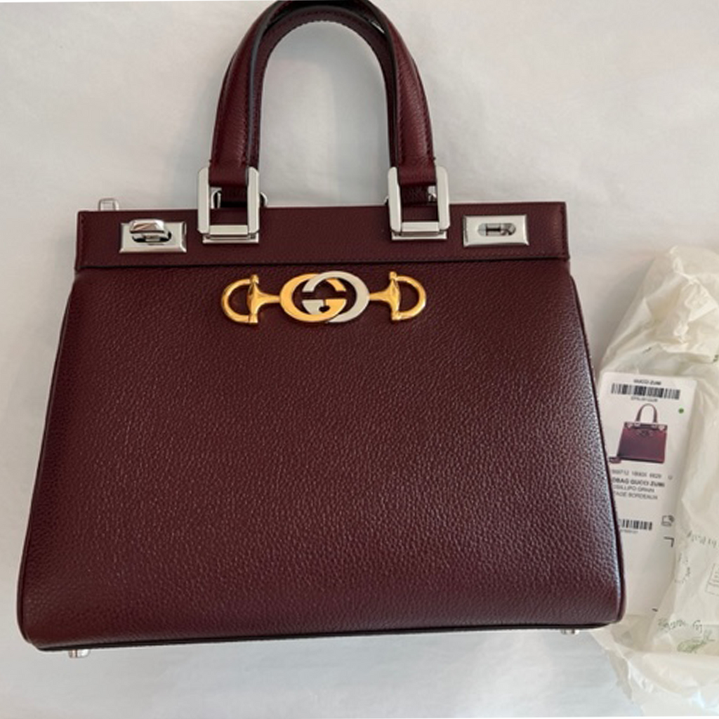 Gucci Zumi Gold Wine Red Shoulder Bag Top Handle Handbag Leather Bordeaux NEW