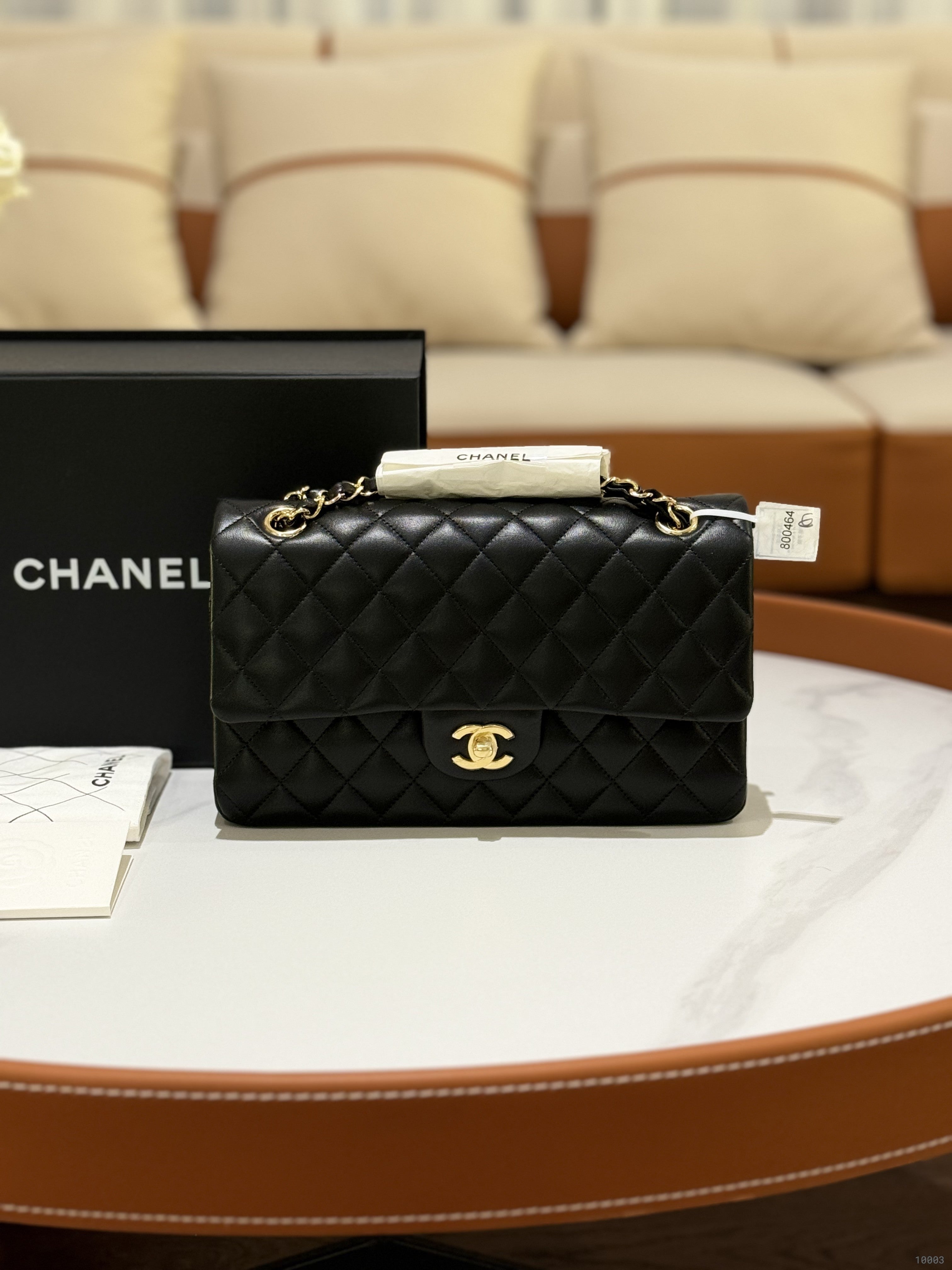 CHANEL CLASSIC FLAP MEDIUM BLACK LAMBSKIN WITH GOLD HARDWARE AND CHIP
