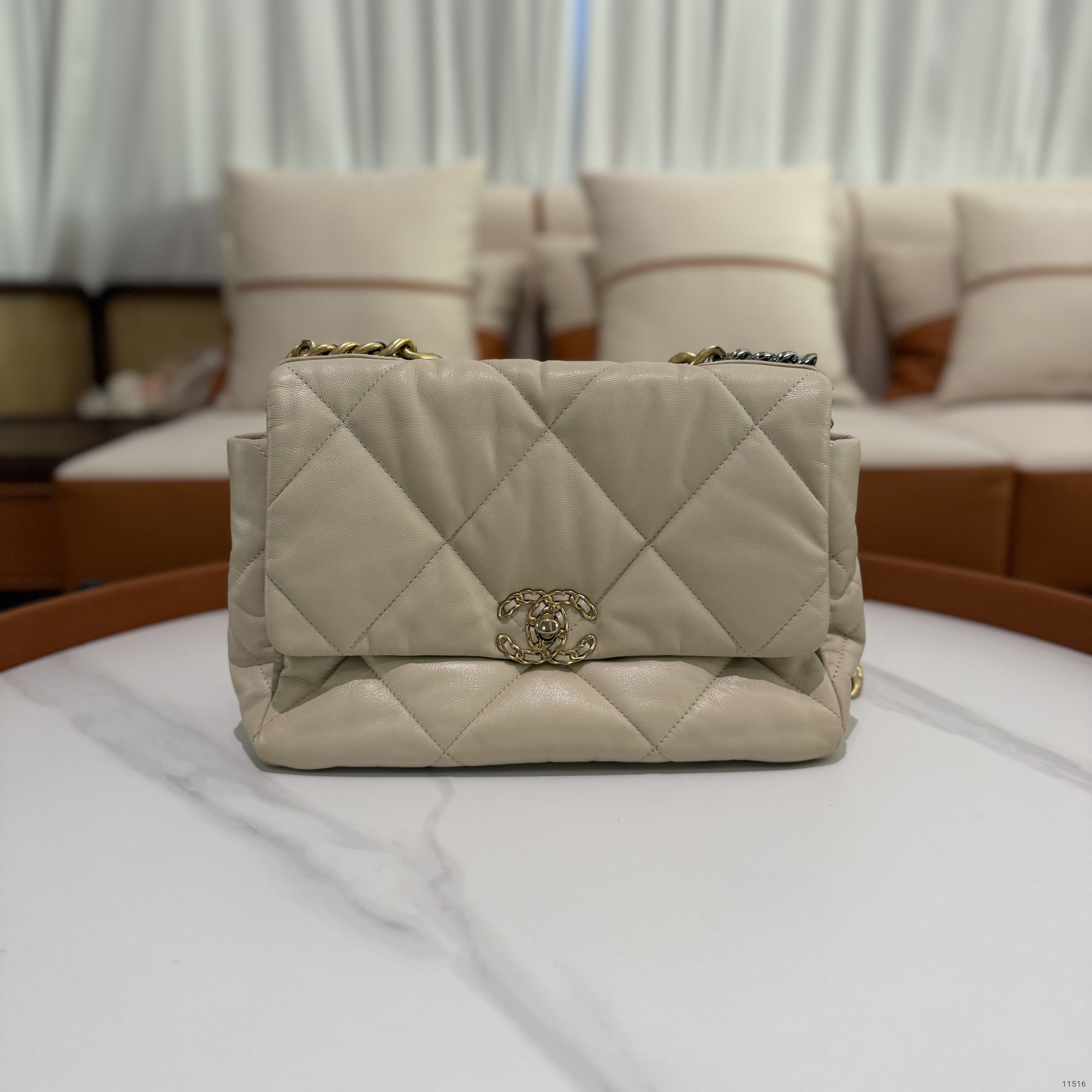 Chanel 19 Bag Medium Beige Quilted Lambskin with Gold Chain
