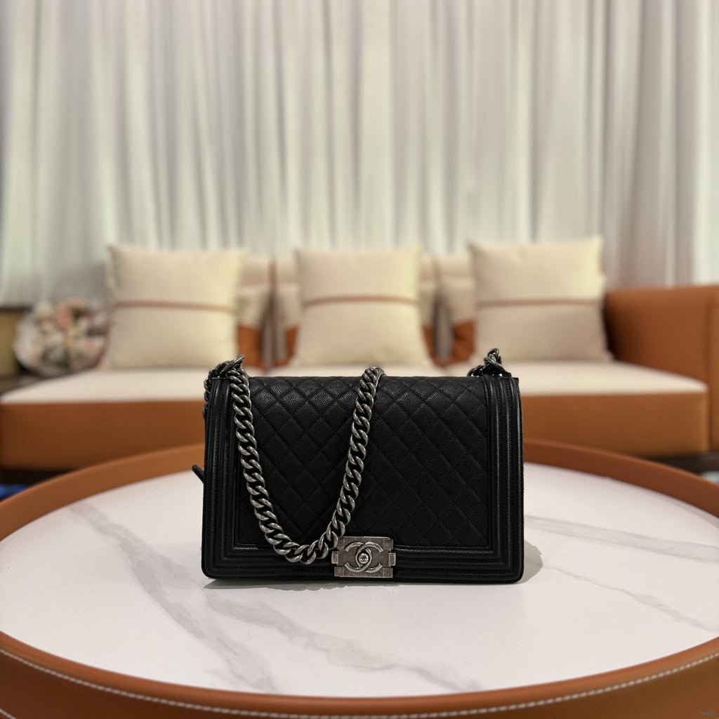CHANEL LEBOY LARGE CROSSBODY BAG CAVIAR CALFSKIN BLACK ANTIQUE SILVER