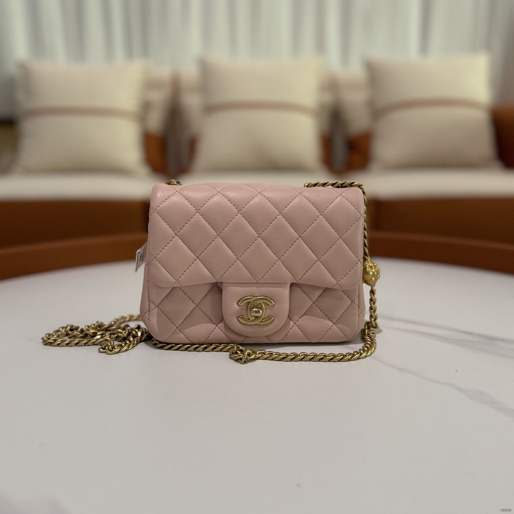 CHANEL CF MINI LAMBSKIN CAMELLIA GOLD BALL RECTANGULAR FLAP (MICROCHIP)