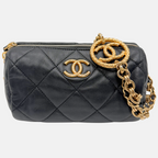 Pearl CC Medallion Chain Mini Bowling Bag Black Quilted Lambskin