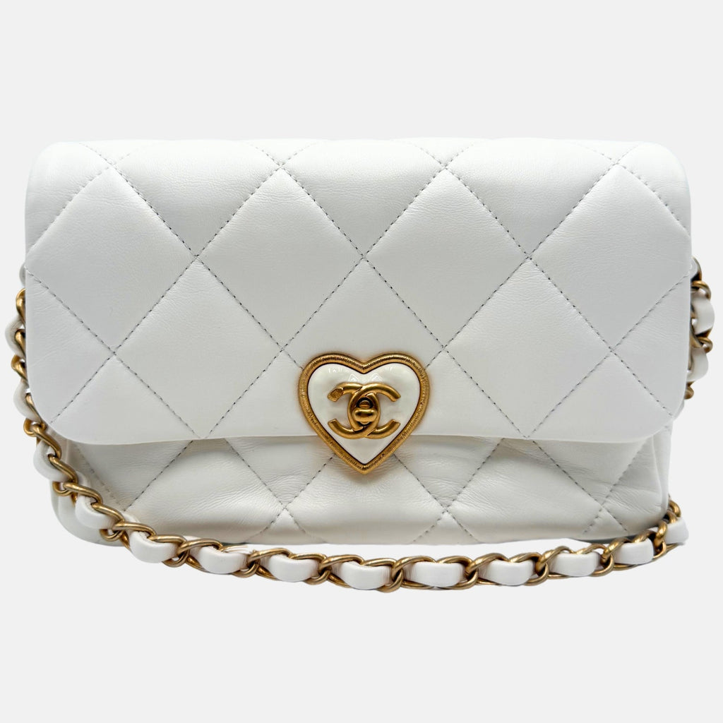 Coco Love Heart Flap Bag White Quilted Lambskin