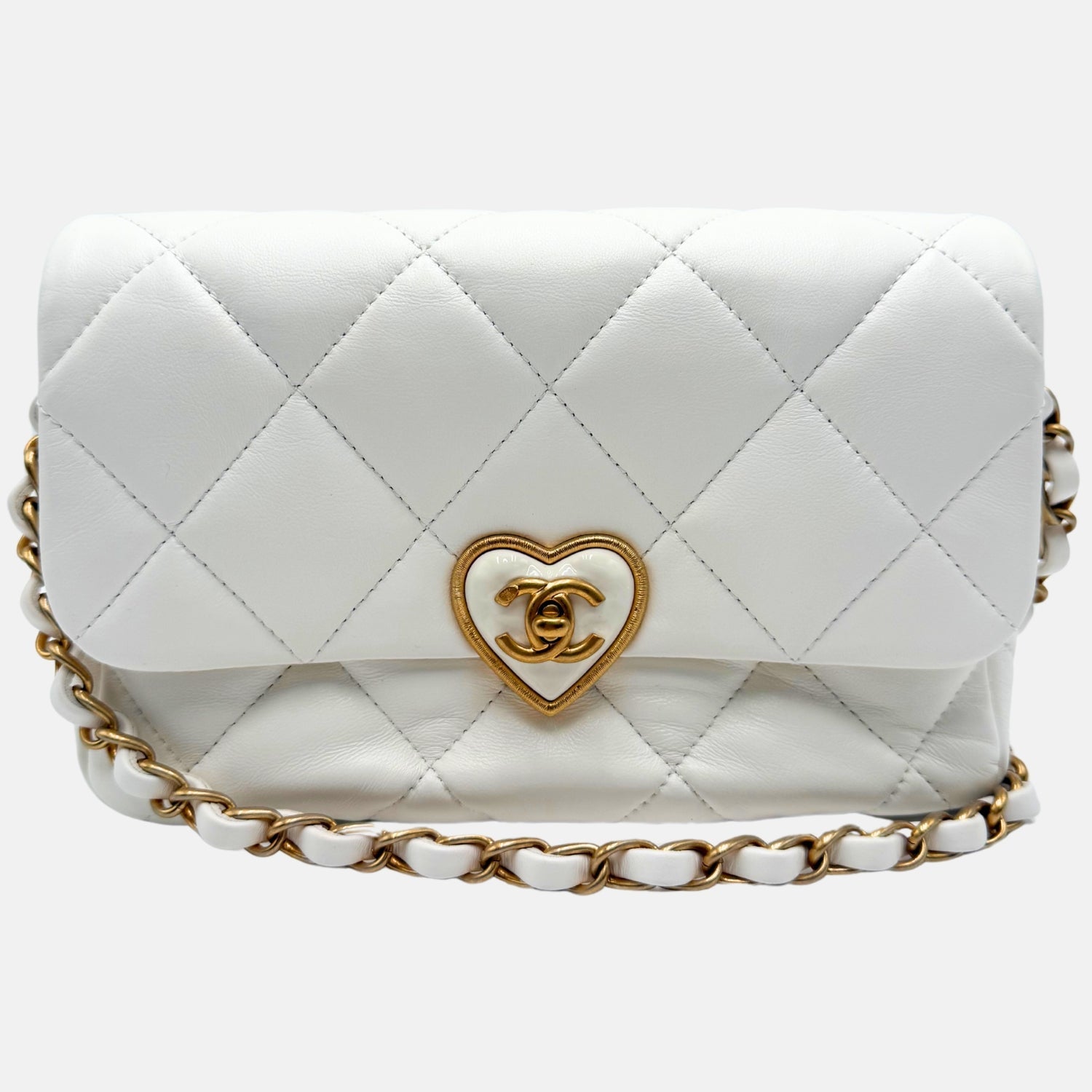 Coco Love Heart Flap Bag White Quilted Lambskin