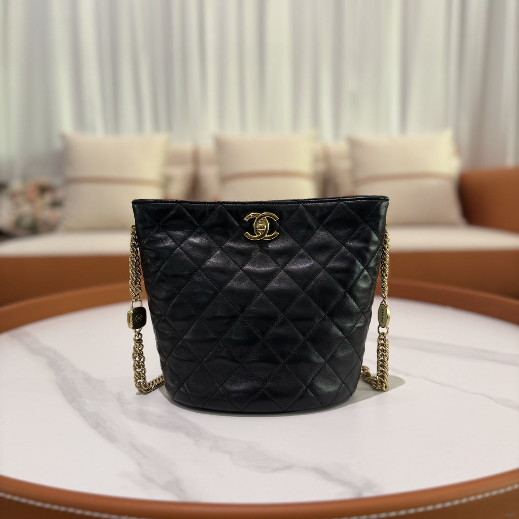 CHANEL HOBO SMALL BUCKET BAG BLACK LAMBSKIN WITH GOLD HARDWARE (MICROCHIP VERSION)