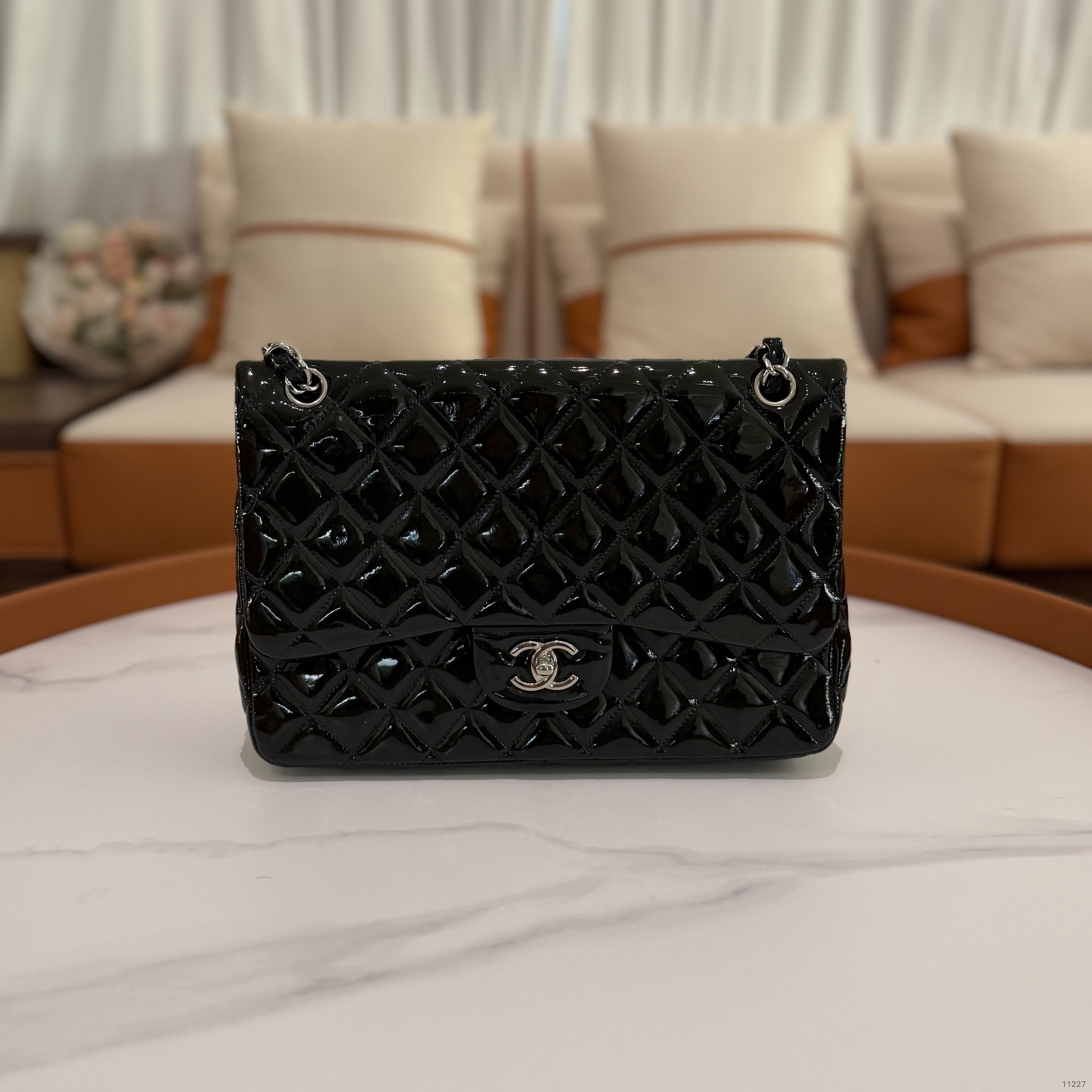 CHANEL Jumbo CF Green Patent Leather with Silver Hardware