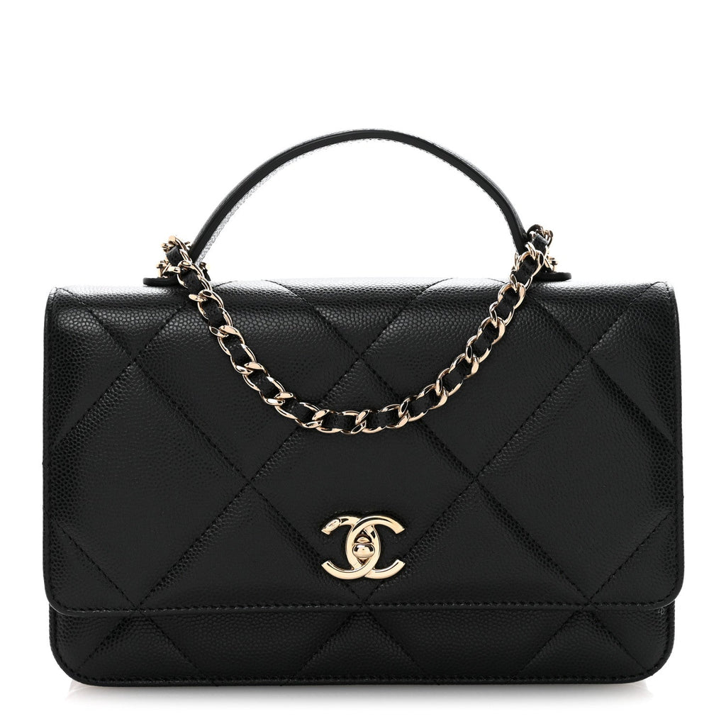 Shiny Caviar Quilted Turnlock Top Handle Wallet On Chain WOC Black