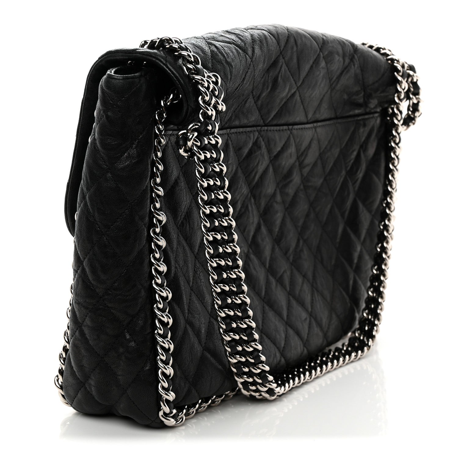 Washed Lambskin Quilted Maxi Chain Around Flap Black