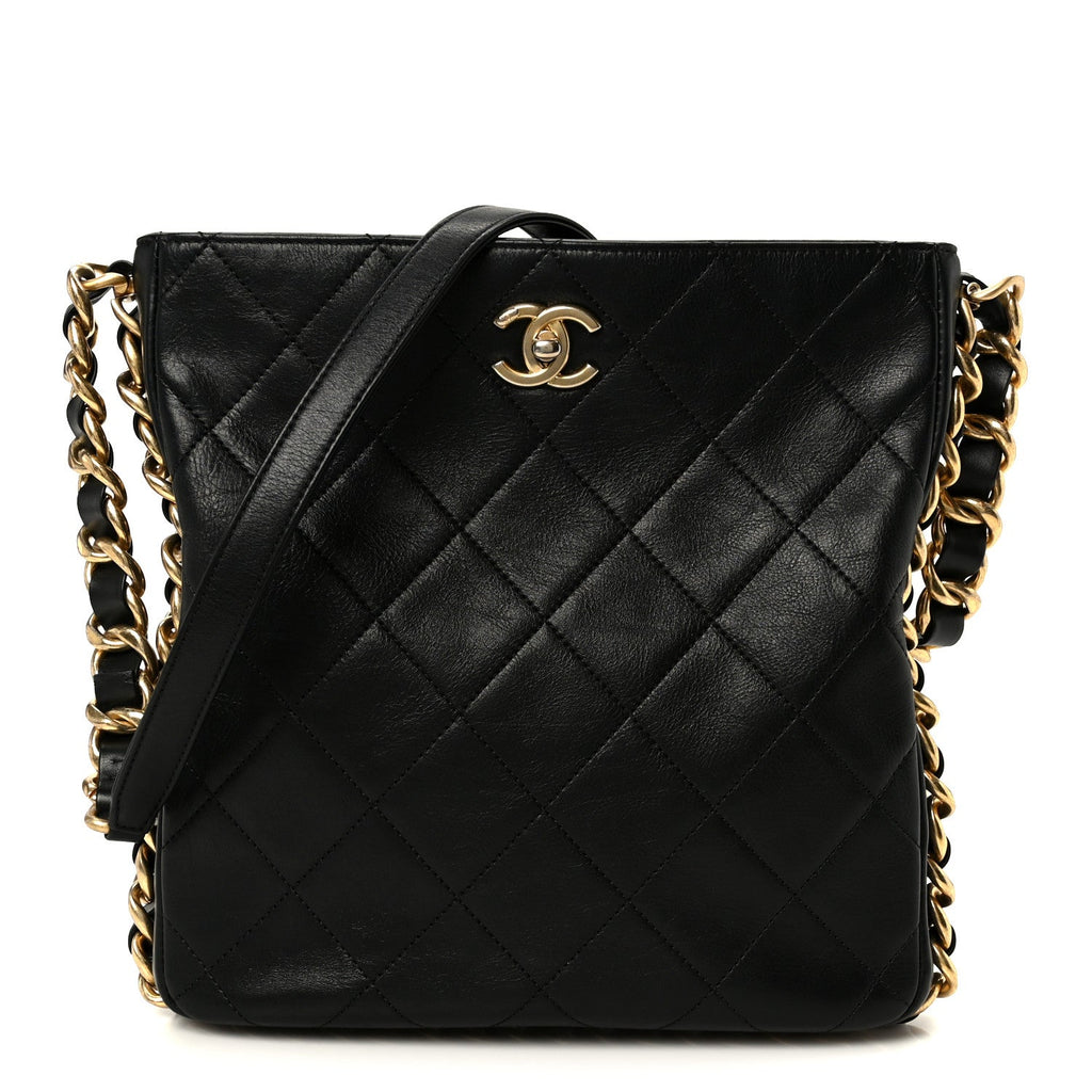 Calfskin Quilted Framing Chain Hobo Black