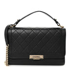 Grained Calfskin Quilted Large Label Click Flap Bag Black
