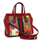 Gucci Ophidia Red Floral Small Tote Leather Canvas Flower Handbag Bag Italy NEW