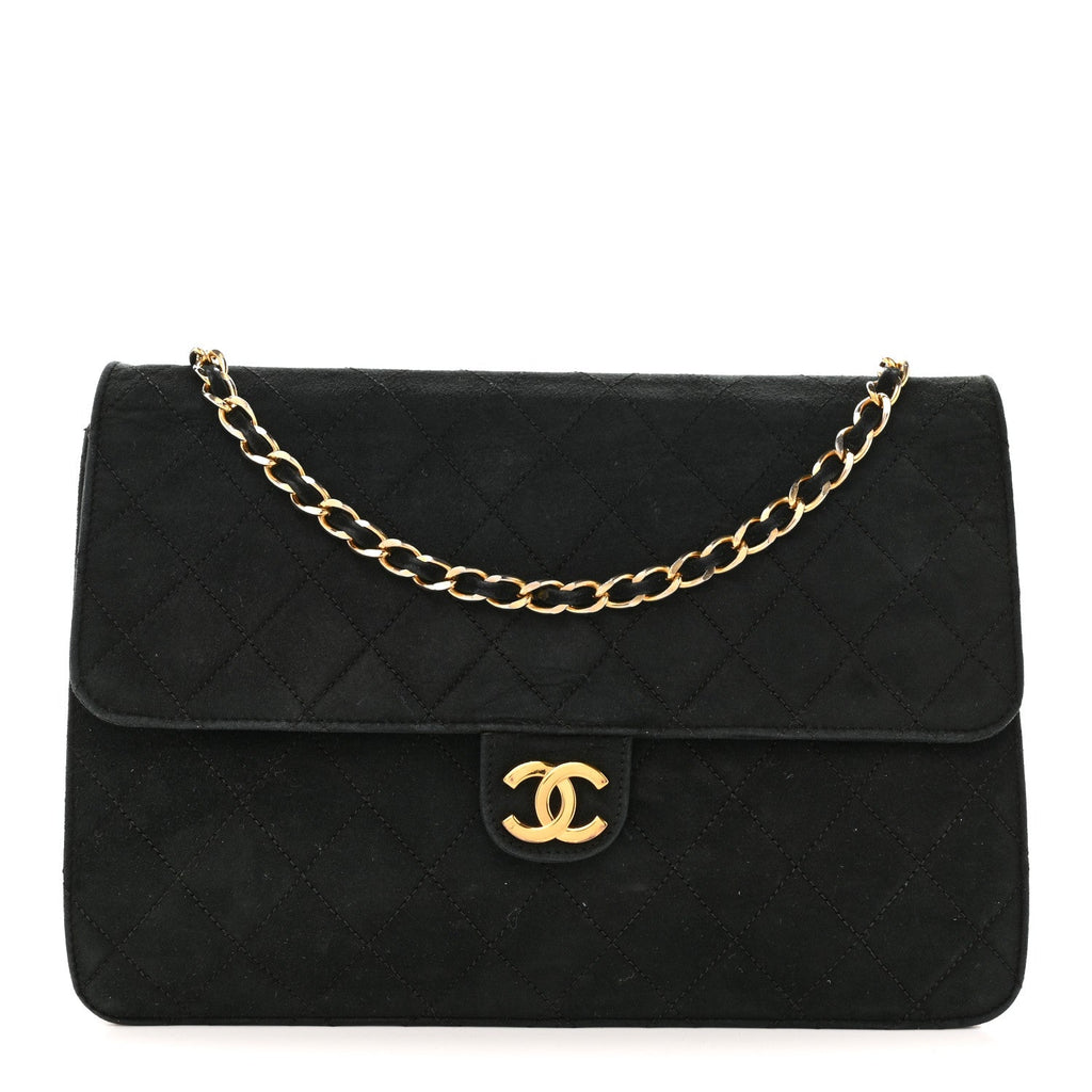 Suede Quilted Medium Single Flap Black