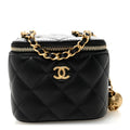 Lambskin Quilted Mini Pearl Crush Vanity Case With Chain Black