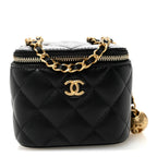 Lambskin Quilted Mini Pearl Crush Vanity Case With Chain Black