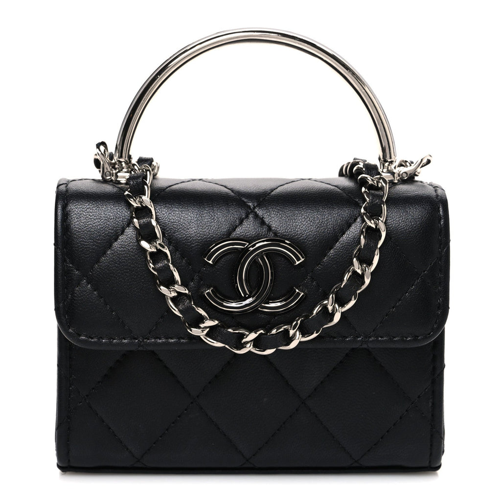 Lambskin Quilted Mini Metal Top Handle Flap Clutch With Chain  Black
