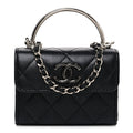 Lambskin Quilted Mini Metal Top Handle Flap Clutch With Chain  Black