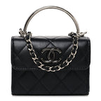 Lambskin Quilted Mini Metal Top Handle Flap Clutch With Chain  Black
