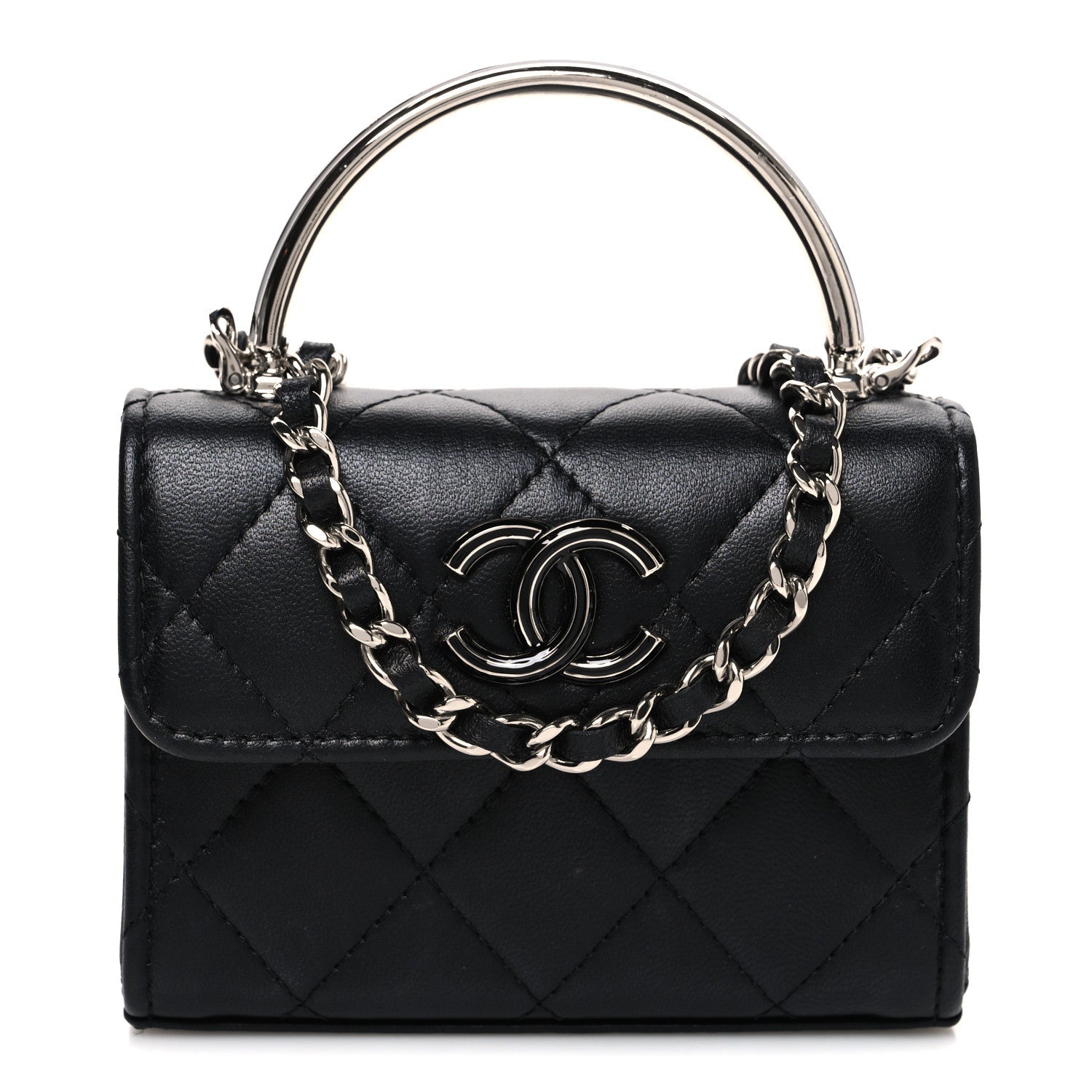 Lambskin Quilted Mini Metal Top Handle Flap Clutch With Chain  Black