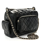 Shiny Crumpled Lambskin Quilted Medium Preppy Pocket Camera Case Black