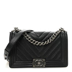 Caviar Chevron Quilted Medium Boy Flap Black