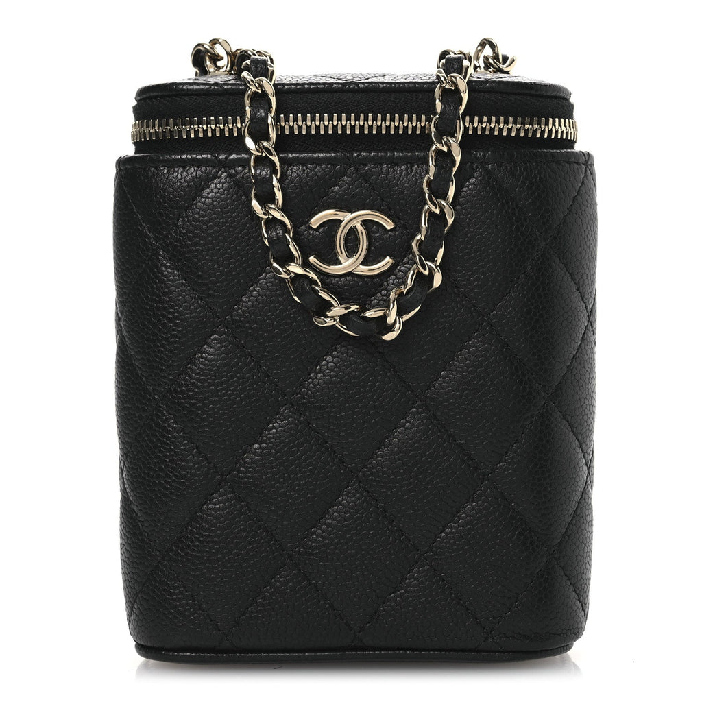 Caviar Quilted Small Vertical Coco Beauty Vanity Case With Chain Black