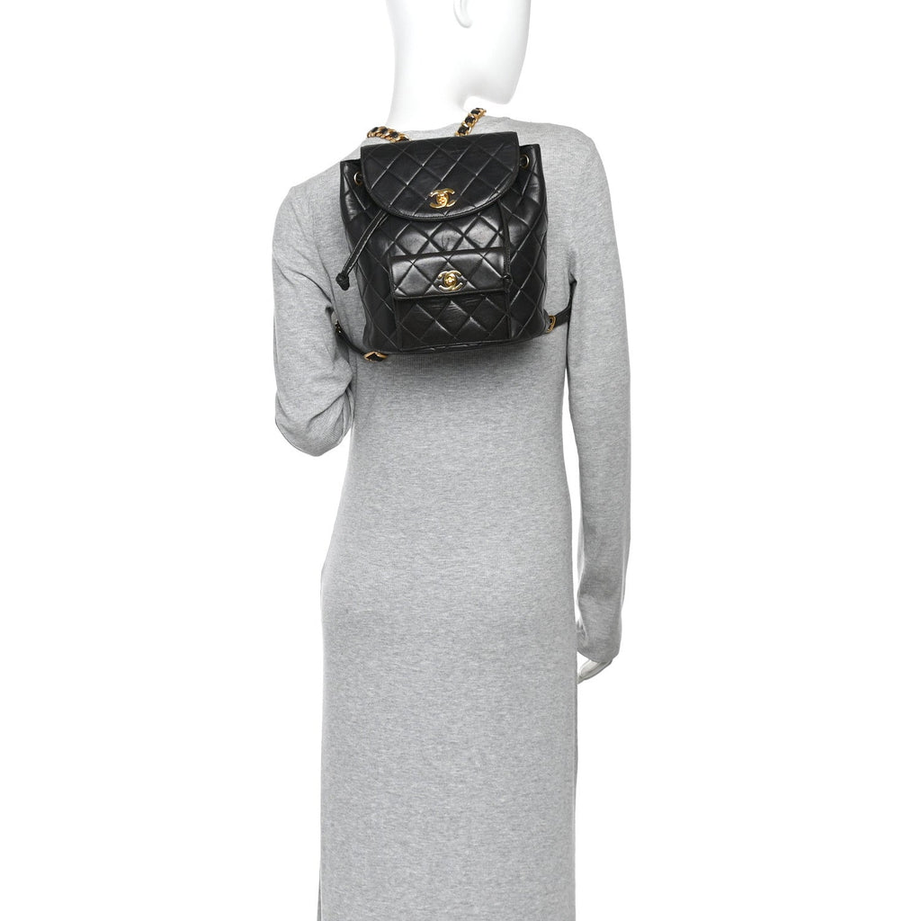 Lambskin Quilted Drawstring Backpack Black