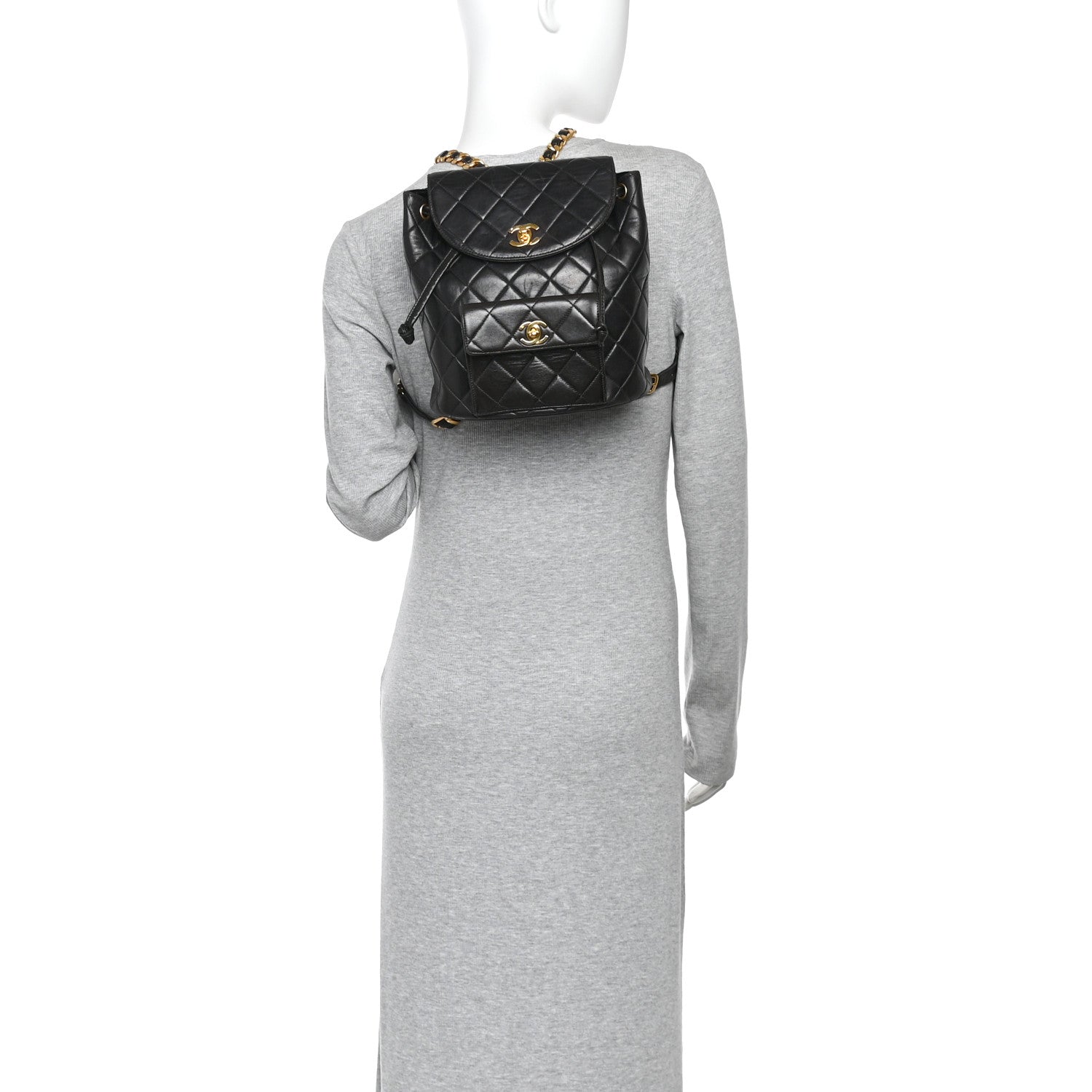 Lambskin Quilted Drawstring Backpack Black