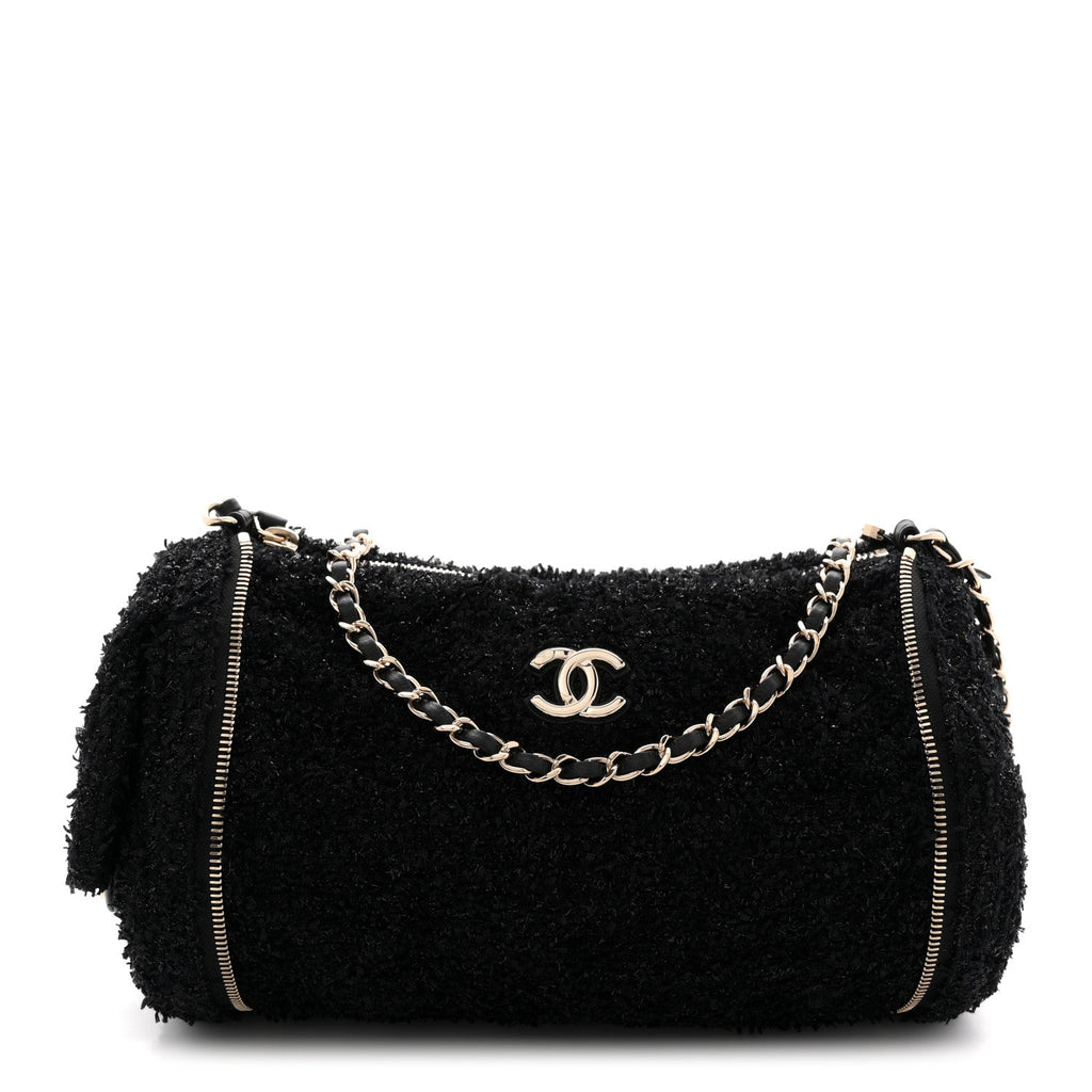 Tweed Coco Beach Barrel Shoulder Bag Black