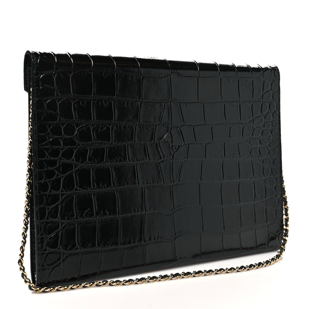 Calfskin Crocodile Embossed Croc Illusion Clutch With Chain  Black