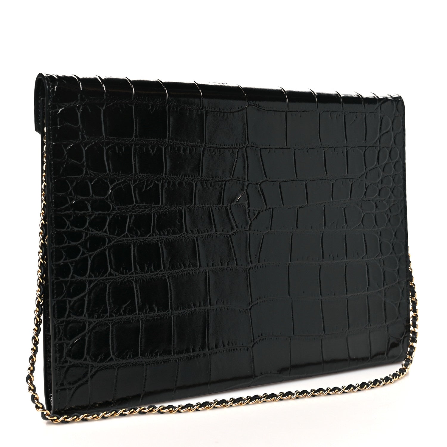 Calfskin Crocodile Embossed Croc Illusion Clutch With Chain  Black