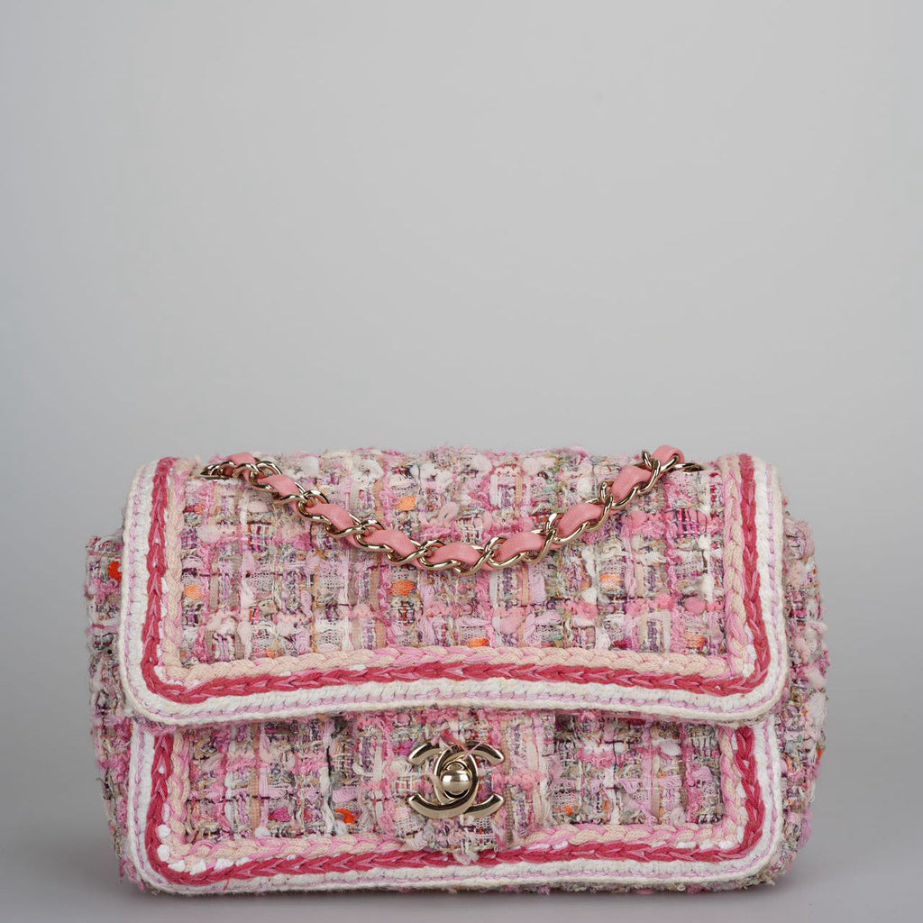 Chanel Tweed Classic Mini Flap Rectangle Bag in White and Pink with Gold Hardware