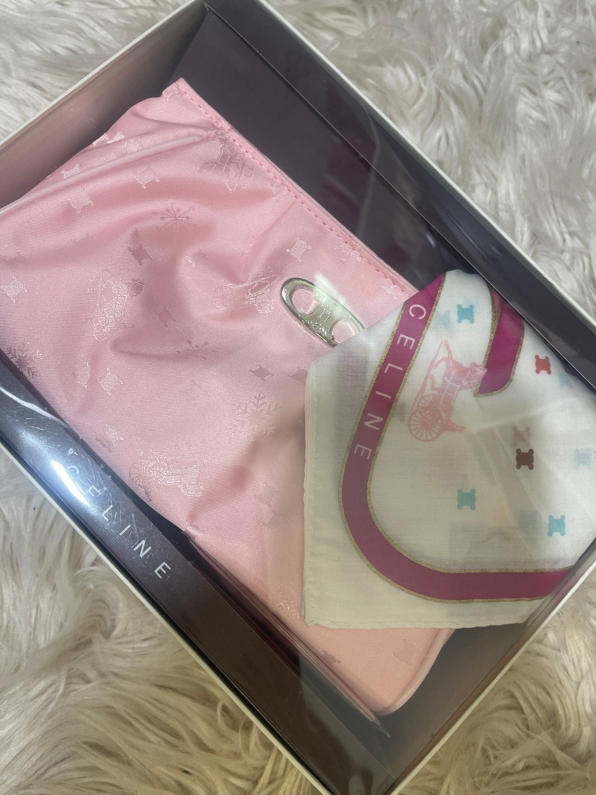Celine Vintage Novelty Pouch, Mirror, Handkerchief Set
