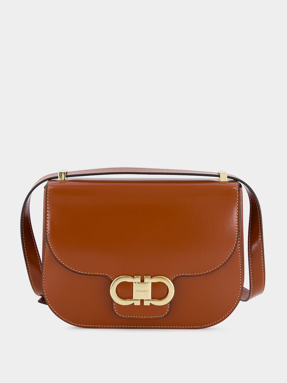 Dark Cognac Double Gancini North-South Crossbody Bag