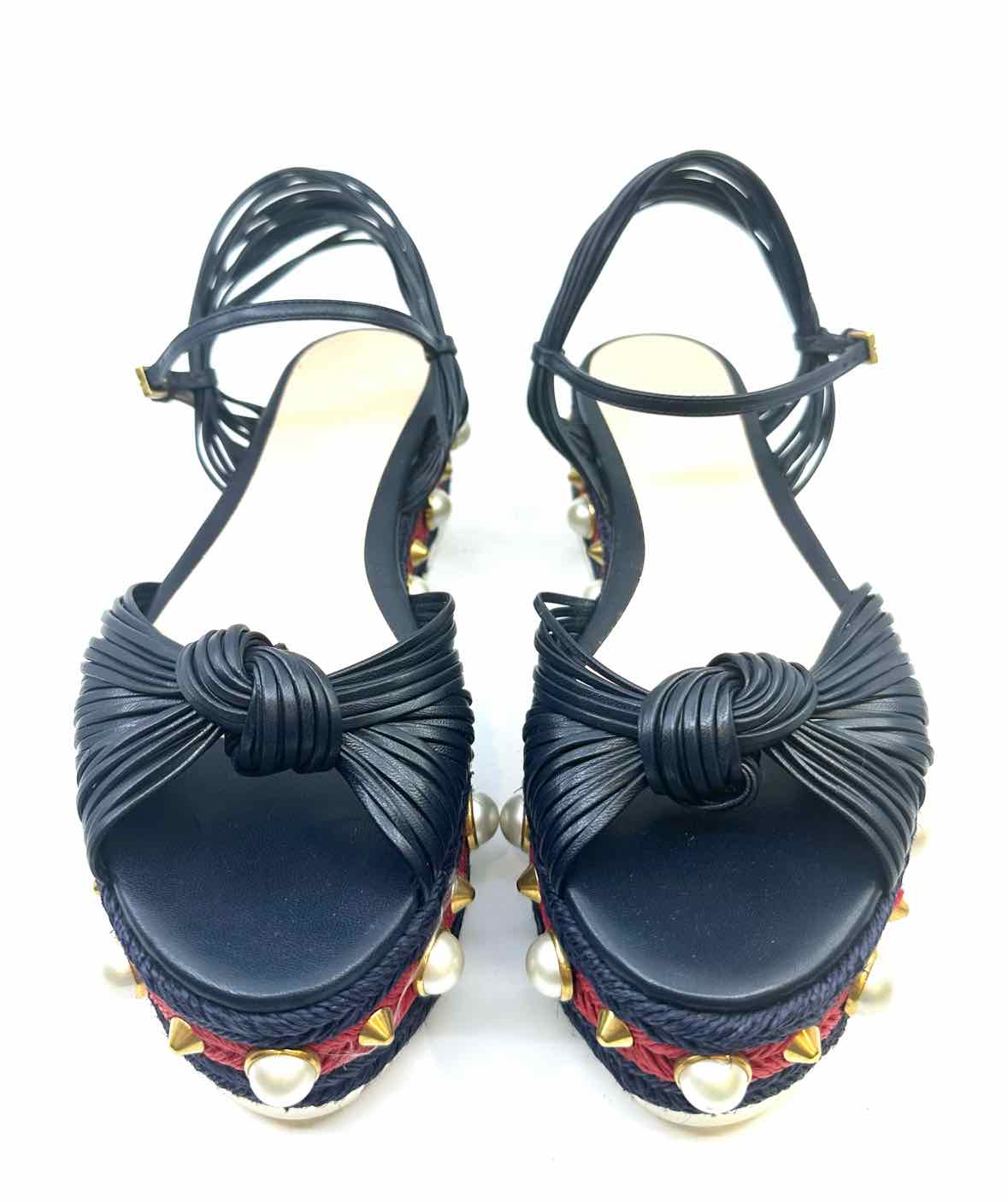 GUCCI Size 7.5 Navy, red Leather Stripe Wedge