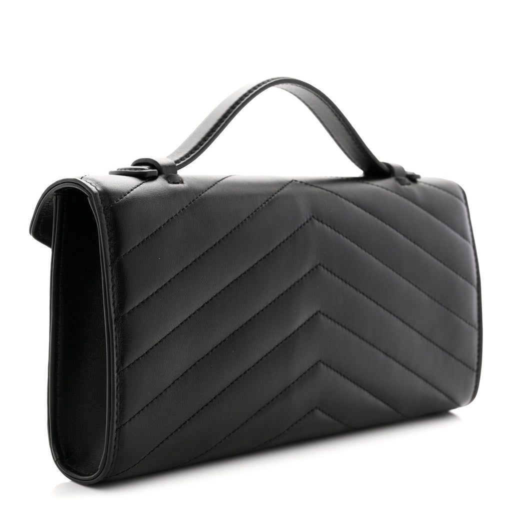 Lambskin Chevron Quilted Top Handle Envelope Clutch Black