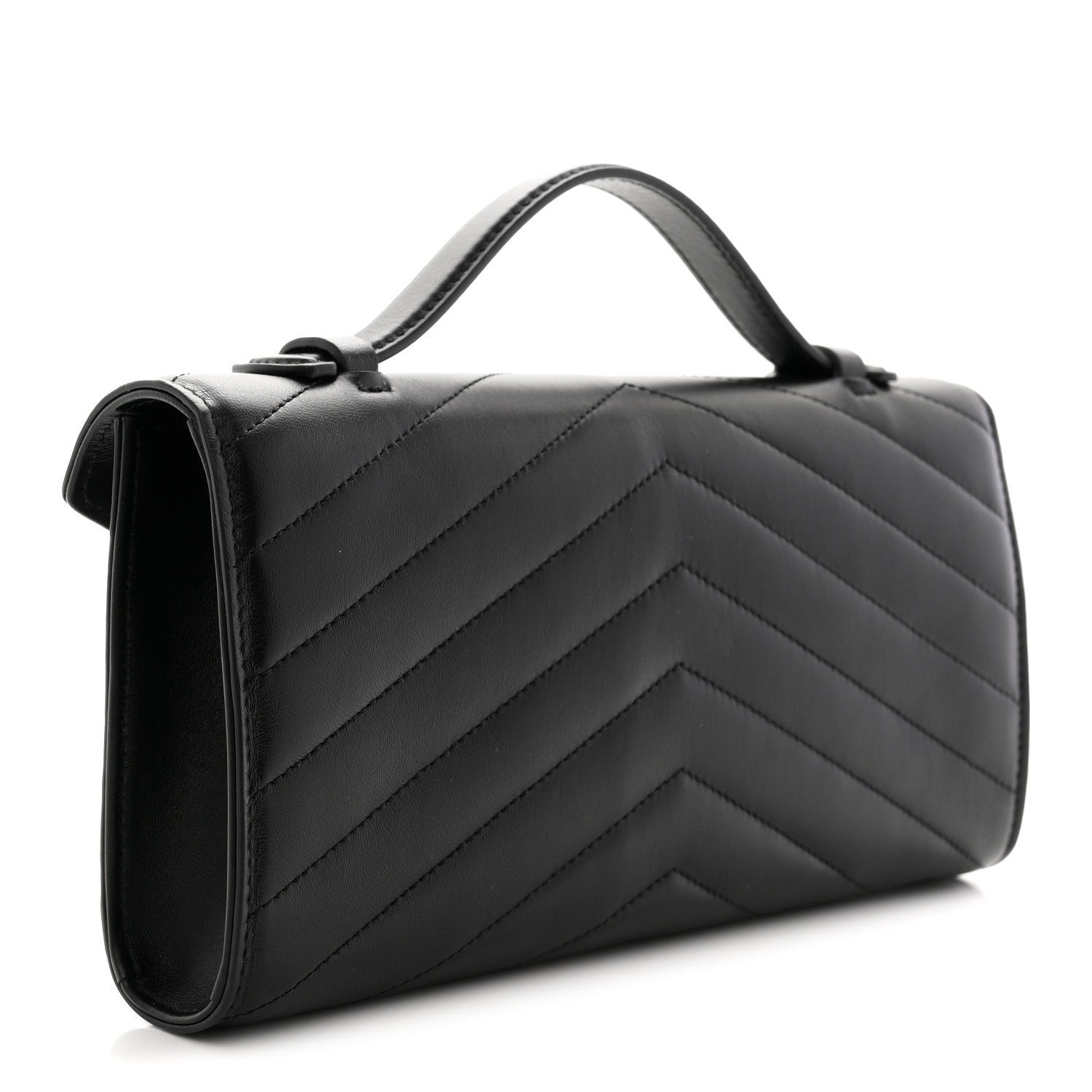 Lambskin Chevron Quilted Top Handle Envelope Clutch Black