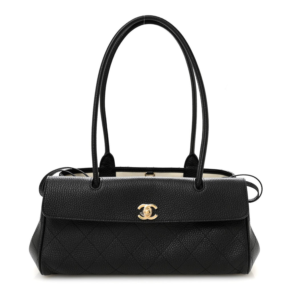 Grained Calfskin Stitched Urban Essentials Small Shopping Bag Black